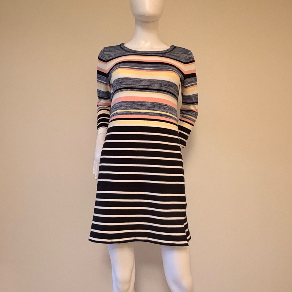 T by Talbots Women's Striped Knit Dress  Navy Pink Yellow French Terry Size PP
